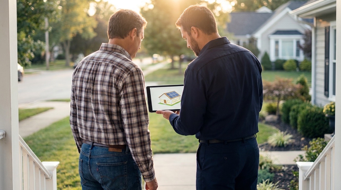 A homeowner and technician reviewing a tablet on a porch