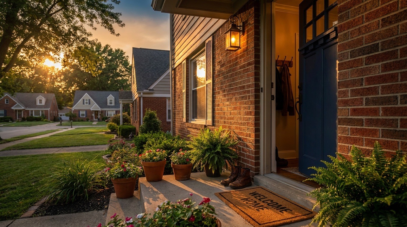 A homeowner's front porch at golden hour