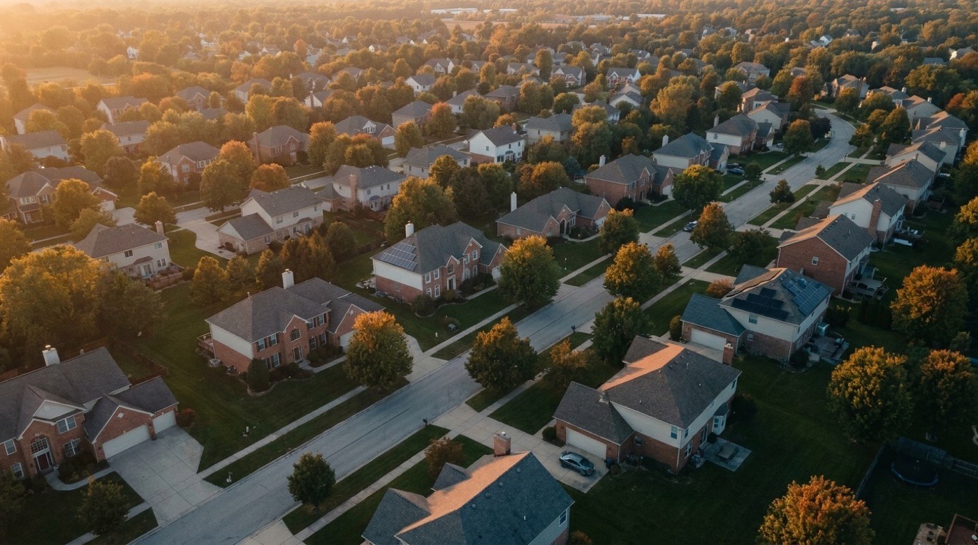 Aerial view of Cincinnati neighborhoods with solar panels